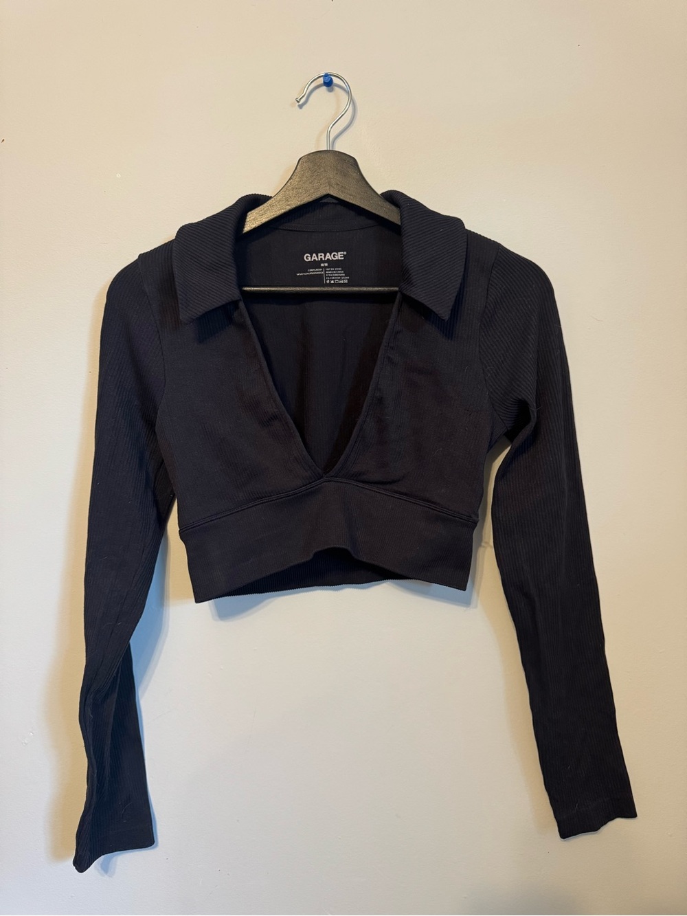 Garage Black Ribbed Cropped Polo V-Neck Long Sleeve Top